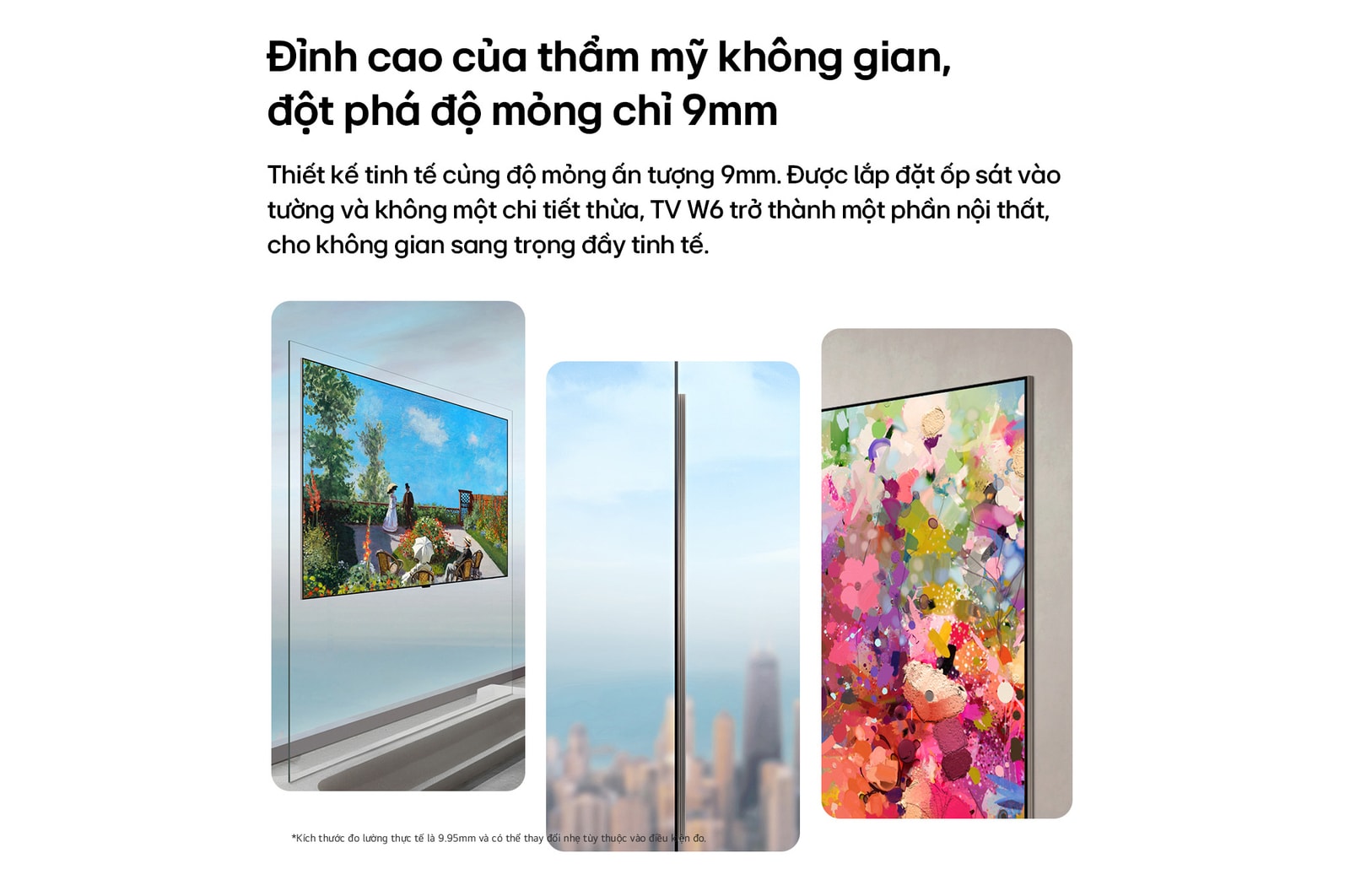LG OLED evo AI W6 Wallpaper TV Flush Fit with Zero Gap is shown mounted flat with no visible separation, presented in multiple angled views that highlight its slim side profile, high picture quality, and clean cable-free display.